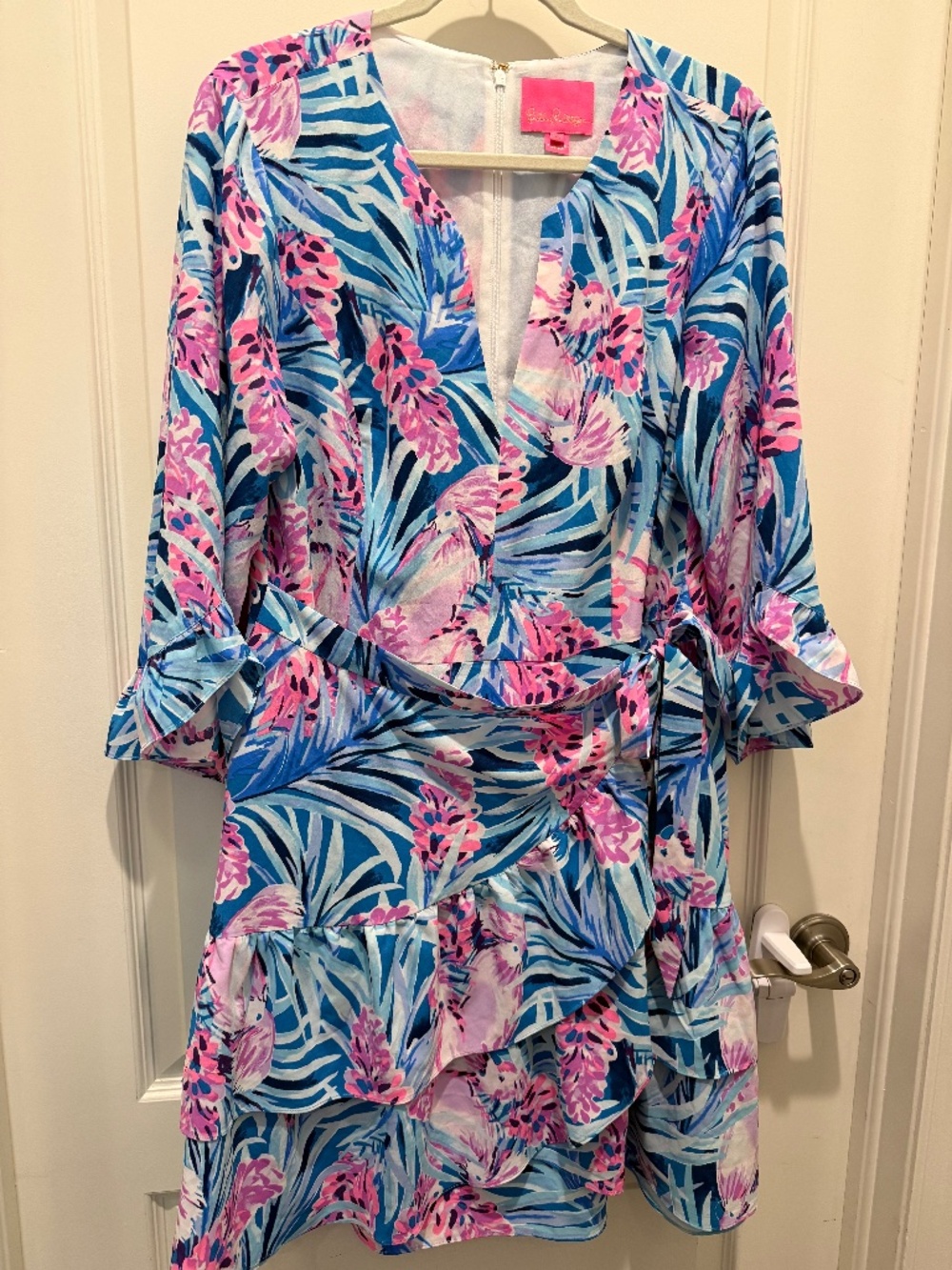 Lilly Pulitzer Laeda Wrap Dress in Peacock Blue Tweethearts, XL